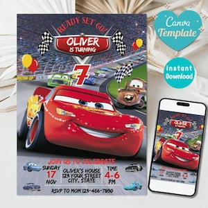 Invitación de cumpleaños de Cars, Invitación de cumpleaños, Invitación de Rayo McQueen, Invitación de cumpleaños infantil, Invitación digital, Editable en Canva