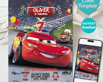 Cars verjaardagsuitnodiging, verjaardagsuitnodiging, Lightning McQueen-uitnodiging, verjaardagsuitnodiging voor kinderen, digitale uitnodiging, bewerkbaar canvas