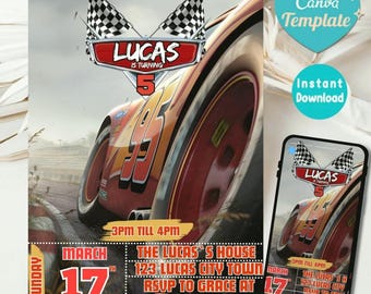 Cars Birthday Invitation, Birthday Invitation, Lightning McQueen Invitation, Kids Birthday Invitation, Digital Invitation, Canva Editable