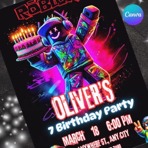 Puede incluir: Una vibrante invitaci&oacute;n de fiesta de cumplea&ntilde;os con un colorido personaje de Roblox sosteniendo un pastel con velas encendidas. La invitaci&oacute;n incluye el texto "OLIVER'S Birthday Party" con fecha, hora y detalles de la ubicaci&oacute;n. El dise&ntilde;o tiene un esquema de color ne&oacute;n.