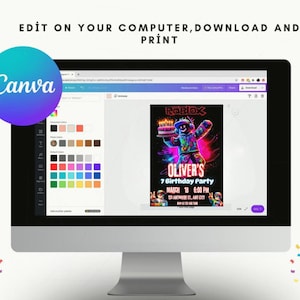 Puede incluir: Un monitor de computadora que muestra una interfaz de dise&ntilde;o de Canva. El dise&ntilde;o presenta una invitaci&oacute;n a una fiesta de cumplea&ntilde;os con tem&aacute;tica de Roblox con el texto "OLIVER'S 7 Birthday Party MARCH 18 6:00 PM". La pantalla tambi&eacute;n muestra paletas de colores y herramientas de edici&oacute;n.