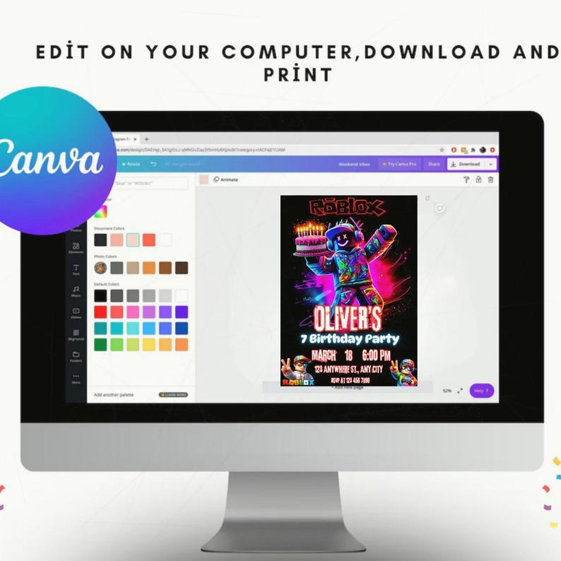 Puede incluir: Un monitor de computadora que muestra una interfaz de dise&ntilde;o de Canva. El dise&ntilde;o presenta una invitaci&oacute;n a una fiesta de cumplea&ntilde;os con tem&aacute;tica de Roblox con el texto "OLIVER'S 7 Birthday Party MARCH 18 6:00 PM". La pantalla tambi&eacute;n muestra paletas de colores y herramientas de edici&oacute;n.