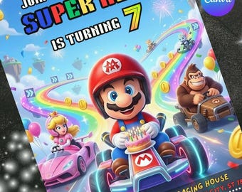 Bewerkbare Bros Mario-uitnodiging, Mario Bros-verjaardagsuitnodiging, afdrukbare verjaardagsuitnodigingen, sjabloon voor digitale verjaardagsfeestje