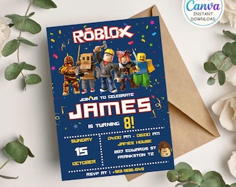 Roblox Invitation, Roblox Invite, Game Party, Roblox Boy Birthday Invitation Template, Game Birthday, Kids Roblox, Editable Template, Canva