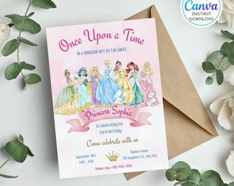 Four Ever A Princess verjaardagsuitnodiging Fourever A Princess uitnodiging 4e verjaardag uitnodigen prinsessenfeest Koninklijk thema aquarel BEWERKBAAR