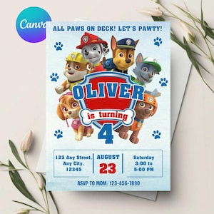 May include: A Paw Patrol themed birthday invitation featuring the characters from the show. The invitation is for Oliver's 4th birthday, with the date August 23rd and the party time from 3:00 to 5:00 PM. The invitation includes the address and RSVP information.