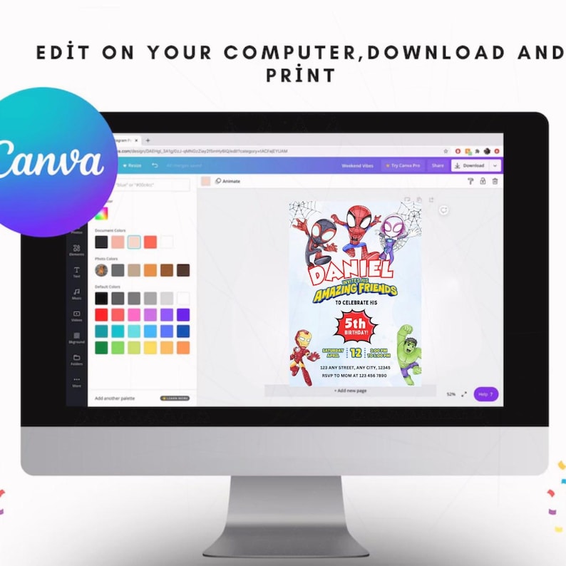 May include: A computer screen showing a birthday invitation design. The invitation includes cartoon superheroes, the name "DANIEL", and the text "AMAZING FRIENDS". The Canva logo is visible, with the text "EDIT ON YOUR COMPUTER, DOWNLOAD AND PRINT".