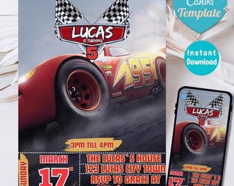 Cars Birthday Invitation, Birthday Invitation, Lightning McQueen Invitation, Kids Birthday Invitation, Digital Invitation, Canva Editable