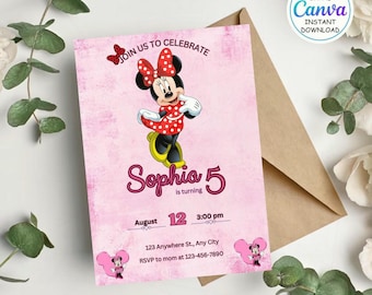 Bewerkbare Minnie Mouse verjaardagsuitnodiging, Minnie Mouse verjaardag, 1e verjaardag, muis verjaardagsuitnodiging, uitnodigingen voor meisjes minnie