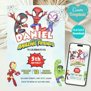Puede incluir: Una invitación de fiesta de cumpleaños con personajes de Spider-Man. La invitación incluye el nombre "Daniel", las palabras "Amazing Friends" y detalles para una celebración de 5º cumpleaños. Un smartphone muestra el diseño de la invitación.