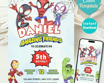 Bewerkbare aquarel uitnodiging voor verjaardagsfeestje Spidey en zijn geweldige vrienden | Sjabloon superheld afdrukbaar | Uitnodiging voor kinderen | Direct downloaden