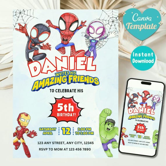 Editable Watercolor Spidey And His Amazing Friends Birthday Party Invitation | Superhero Template Printable | Kids Invite | Instant Download