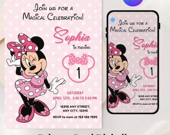 Bewerkbare Minnie Mouse verjaardagsuitnodiging, Minnie Mouse verjaardag, 1e verjaardag, muis verjaardagsuitnodiging, uitnodigingen voor meisjes minnie