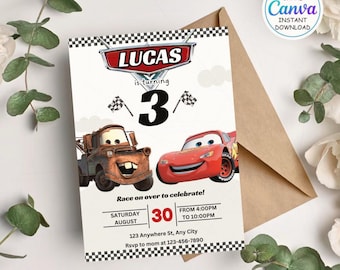 Cars Birthday Invitation, Birthday Invitation, Lightning McQueen Invitation, Kids Birthday Invitation, Digital Invitation, Canva Editable