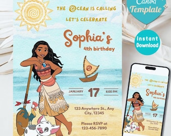 Editable Moana Invitation, Moana Invite, Kids Theme Party Digital Birthday Invite, Hawaiian Kids Party Template, Instant Download Invitation