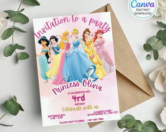 Four Ever A Princess verjaardagsuitnodiging Fourever A Princess uitnodiging 4e verjaardag uitnodigen prinsessenfeest Koninklijk thema aquarel BEWERKBAAR