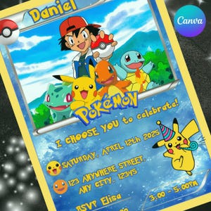 May include: A custom Pokemon-themed birthday invitation card. The card features the text "Daniel" at the top, with a colorful illustration of various Pokemon characters. The invitation includes the text "I CHOOSE YOU to celebrate!" and event details.