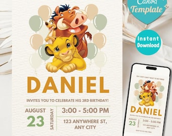Lion King Birthday Invitation: Editable Party Invite 5x7, Canva Template, Digital Download