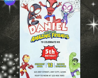 Bewerkbare aquarel uitnodiging voor verjaardagsfeestje Spidey en zijn geweldige vrienden | Sjabloon superheld afdrukbaar | Uitnodiging voor kinderen | Direct downloaden