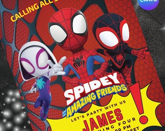 Bewerkbare aquarel uitnodiging voor verjaardagsfeestje Spidey en zijn geweldige vrienden | Sjabloon superheld afdrukbaar | Uitnodiging voor kinderen | Direct downloaden