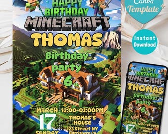 Editable Pixel Birthday Invitation Block Party Invite Gamer Birthday Invitation for Boys Pixel Theme Digital Template Canva Download