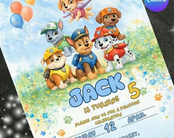Sjabloon voor bewerkbare Paw-ty verjaardagsuitnodiging, uitnodiging voor kinderfeestje, Puppy Patrol Pup Boys & Girls Bday, Instant Download