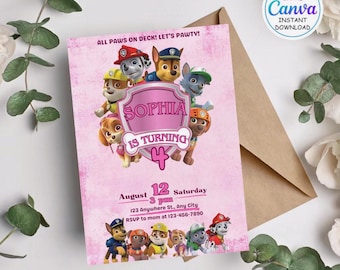 Sjabloon voor bewerkbare Paw-ty verjaardagsuitnodiging, uitnodiging voor kinderfeestje, Puppy Patrol Pup Boys & Girls Bday, Instant Download