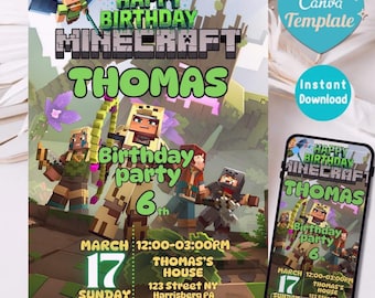 Editable Pixel Birthday Invitation Block Party Invite Gamer Birthday Invitation for Boys Pixel Theme Digital Template Canva Download