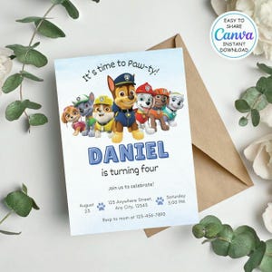 Plantilla editable de invitación de cumpleaños para fiestas infantiles, invitación para fiestas de cachorros de Puppy Patrol para niños y niñas, descarga instantánea.