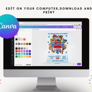 May include: A computer screen displaying a Canva design interface. The design is a birthday party invitation featuring the text "OLIVER is turning 4" with Paw Patrol characters. The invitation includes date, time, and RSVP information.