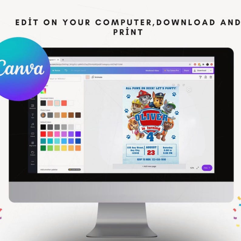 May include: A computer screen displaying a Canva design interface. The design is a birthday party invitation featuring the text "OLIVER is turning 4" with Paw Patrol characters. The invitation includes date, time, and RSVP information.