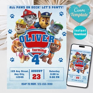 May include: A blue birthday party invitation featuring cartoon characters. The invitation includes the text "ALL PAWS ON DECK! LET'S PAWTY!" and "OLIVER is turning 4". The date is August 23rd, with the party from 3:00 to 5:00 PM.