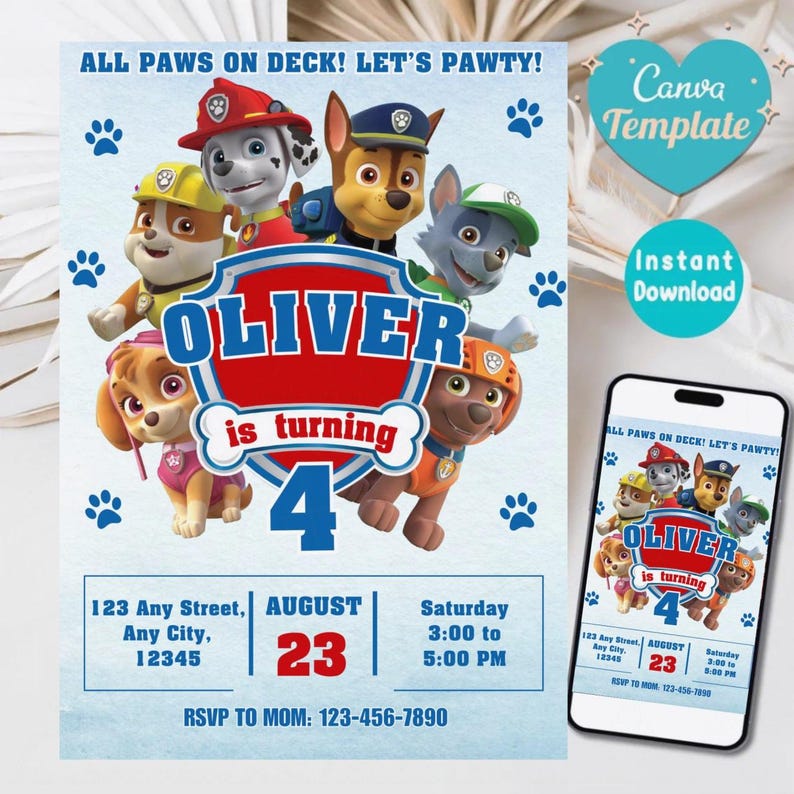 May include: A blue birthday party invitation featuring cartoon characters. The invitation includes the text "ALL PAWS ON DECK! LET'S PAWTY!" and "OLIVER is turning 4". The date is August 23rd, with the party from 3:00 to 5:00 PM.