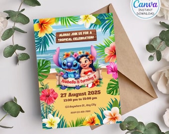 Invitación de cumpleaños de Lilo y Stitch, invitación de cumpleaños de Stitch editable, invitación digital para fiesta, invitación imprimible para fiesta de cumpleaños de Stitch