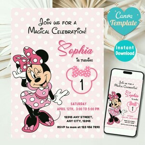 Invitación de cumpleaños editable de Minnie Mouse, Cumpleaños de Minnie Mouse, Primer cumpleaños, Invitación de cumpleaños de ratón, Invitaciones de Minnie para niñas