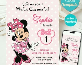 Bewerkbare Minnie Mouse verjaardagsuitnodiging, Minnie Mouse verjaardag, 1e verjaardag, muis verjaardagsuitnodiging, uitnodigingen voor meisjes minnie