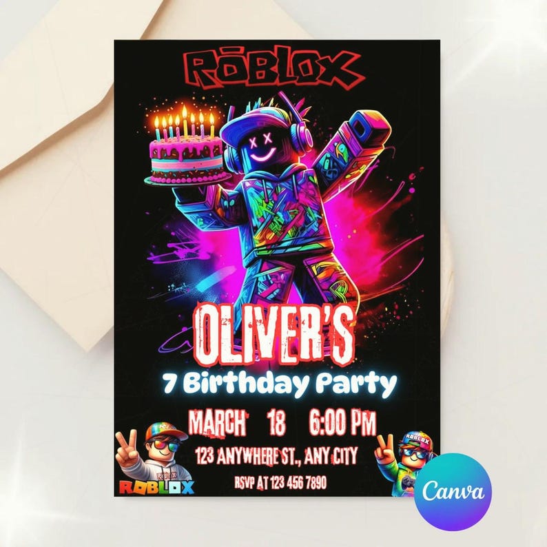Puede incluir: Tarjeta de invitaci&oacute;n negra de cumplea&ntilde;os con un personaje de Roblox sosteniendo un pastel. El texto "OLIVER'S 7 Birthday Party" es visible, con fecha, hora y direcci&oacute;n. Dos personajes de Roblox en la parte inferior.