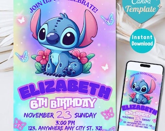 Plantilla de invitación de cumpleaños de Stitch: Invitación imprimible para fiesta infantil (descarga digital)