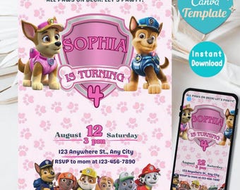 Sjabloon voor bewerkbare Paw-ty verjaardagsuitnodiging, uitnodiging voor kinderfeestje, Puppy Patrol Pup Boys & Girls Bday, Instant Download