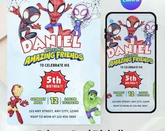 Bewerkbare aquarel uitnodiging voor verjaardagsfeestje Spidey en zijn geweldige vrienden | Sjabloon superheld afdrukbaar | Uitnodiging voor kinderen | Direct downloaden