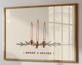 Burgundy Christmas Candles Print, Merry and Bright Vintage Typography, Festive Holiday Decor (Digital Download)