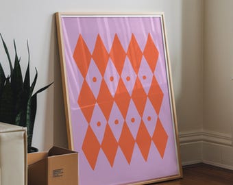 Diamond Harlequin Checkered Pattern Print, Retro Geometric Pastel Decor (Digital Download)