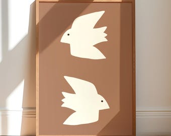 White Birds Folk Art Print: Mid-Century Boho Wall Decor (Digital Download)