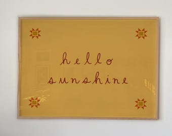 Hello Sunshine Script Art Print, Vintage Yellow Star Quilt Block Decor (Digital Download)