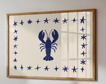 Nautical Blue Lobster Art Print, Celestial Star Border Coastal Wall Decor (Digital Download)