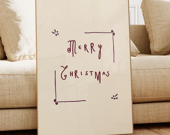 Merry Christmas Hand Lettered Art Print, Minimalist Burgundy Holiday Wall Decor (Digital Download)