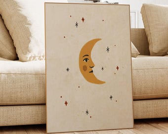Vintage Halloween Carnival Crescent Moon Print, Celestial Moon Face Decor (Digital Download)