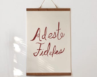 Adeste Fideles Christmas Hymn Art Print, Burgundy Cursive Lettering (Digital Download)