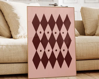 Burgundy Diamond Checker Print, Vintage Western Geometric Wall Decor (Digital Download)