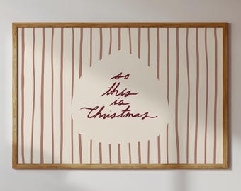Vintage Red Striped Holiday Wall Decor, So This Is Christmas Typography Art (Printable)